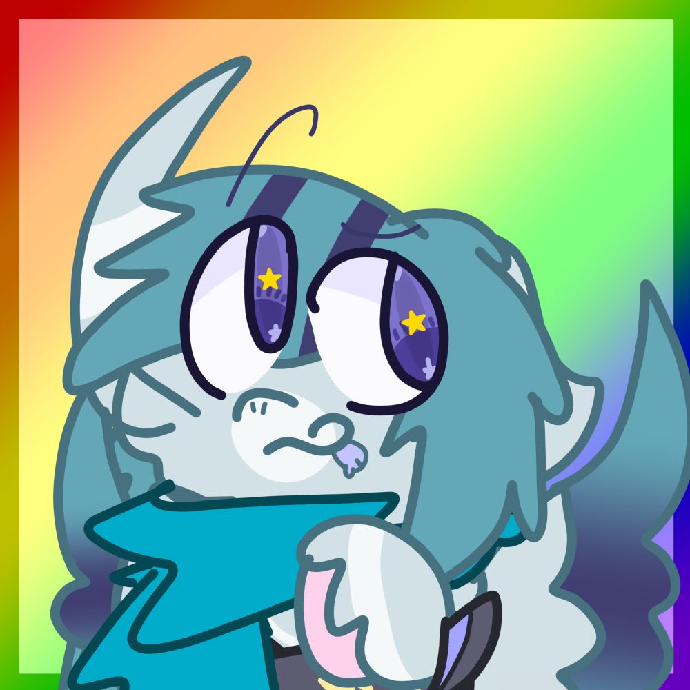 Drawing of my little mascot dude Navy with one hoof up, one ear down (like a little puppy!!) and his tongue out, kinda looking playful but idgaf lol he can die in a fire

Background is rainbow with it getting lighter in the middle