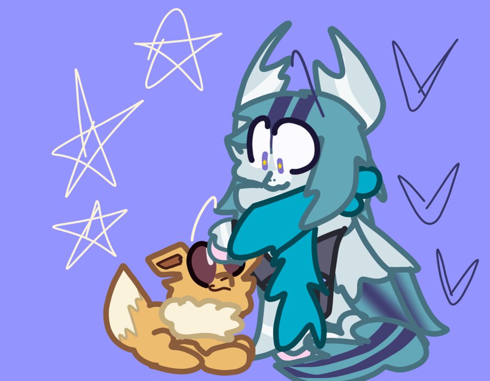 Drawing of Navy (my Swap!Sans-Sonata Dusk fusion mascot) petting an Eevee. There are 3 cream-colored stars near Eevee and 3 dark indigo hearts near Navy.