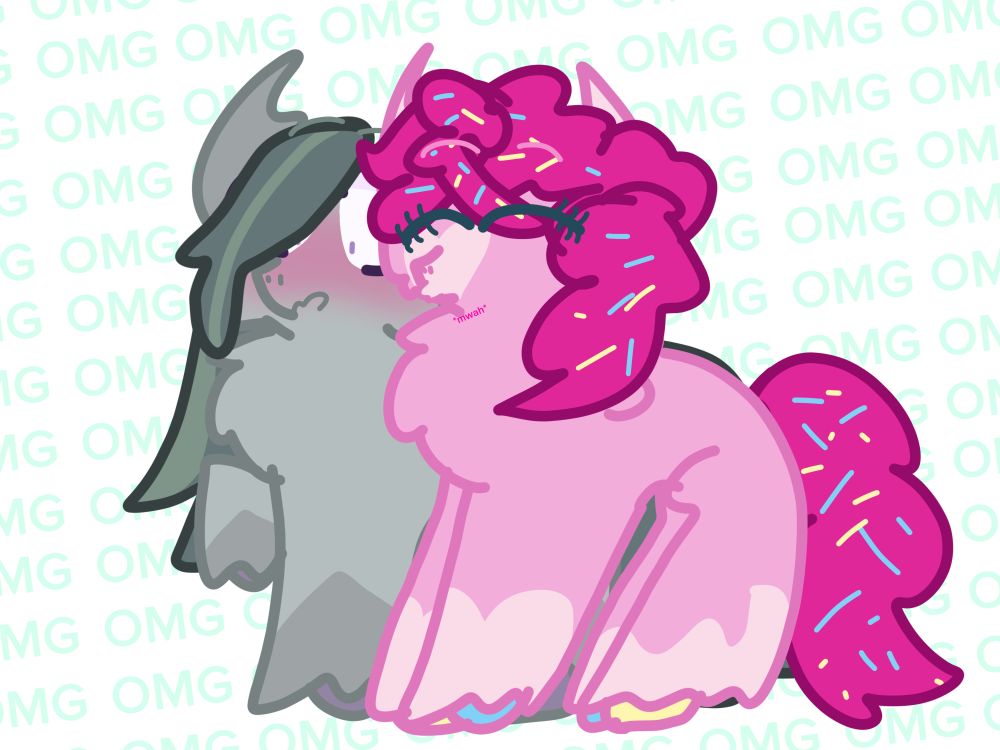 A drawing of Marble Pie and Pinkie Pie!! Pinkie is giving Marble a little kiss, to which she (by that I mean Marble) seems very flustered by. Her face is red, and her eyes are wide, with a bunch of faint 'OMG's in the background.