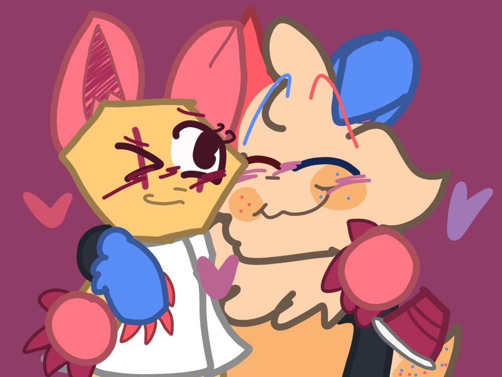 A drawing of Scraps and Goob from Dandy's World. Goob has one of his long arms wrapped around Scraps's shoulder, with Scraps having one of her average-length arms wrapped around Goob's shoulder. Both are blushing and they look very happy. There is a reddish heart next to Scraps, a purplish one next to Goob, and a mulberry heart in the middle of them.