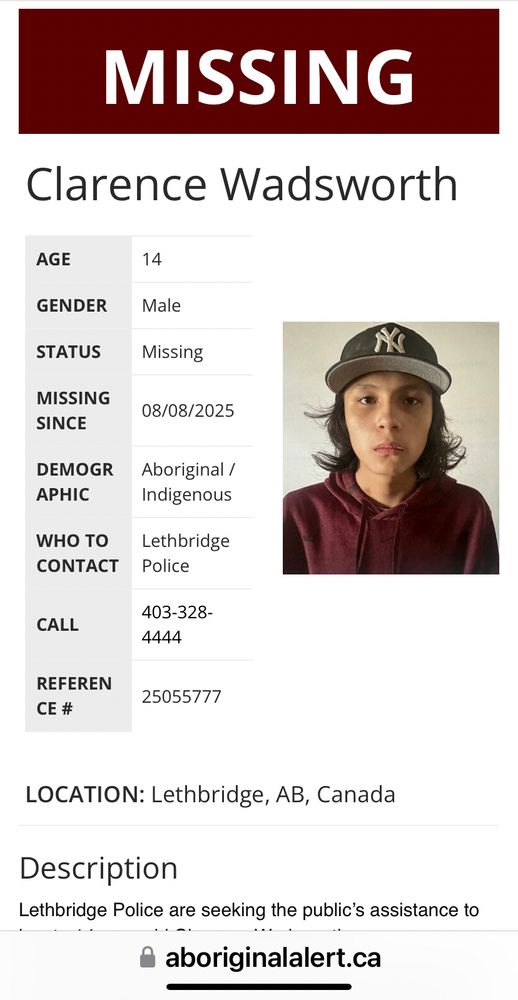 Aboriginal Alert: Clarence Wadsworth

https://www.aboriginalalert.ca/missingpersons/clarence-5246