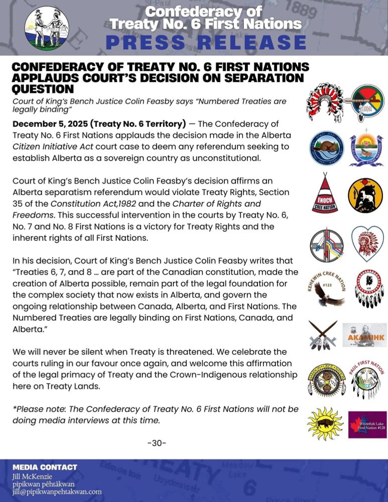 Thanks to the Treaty nations court intervention, the American funded separatist group trying to have Alberta separate, was found in court to violate Treaty & Sec. 35 of the Charter. So Treaty rights are being affirmed over redneck buffoonery. Source: https://www.facebook.com/share/p/1KJ4a4zei8/?mibextid=wwXIfr