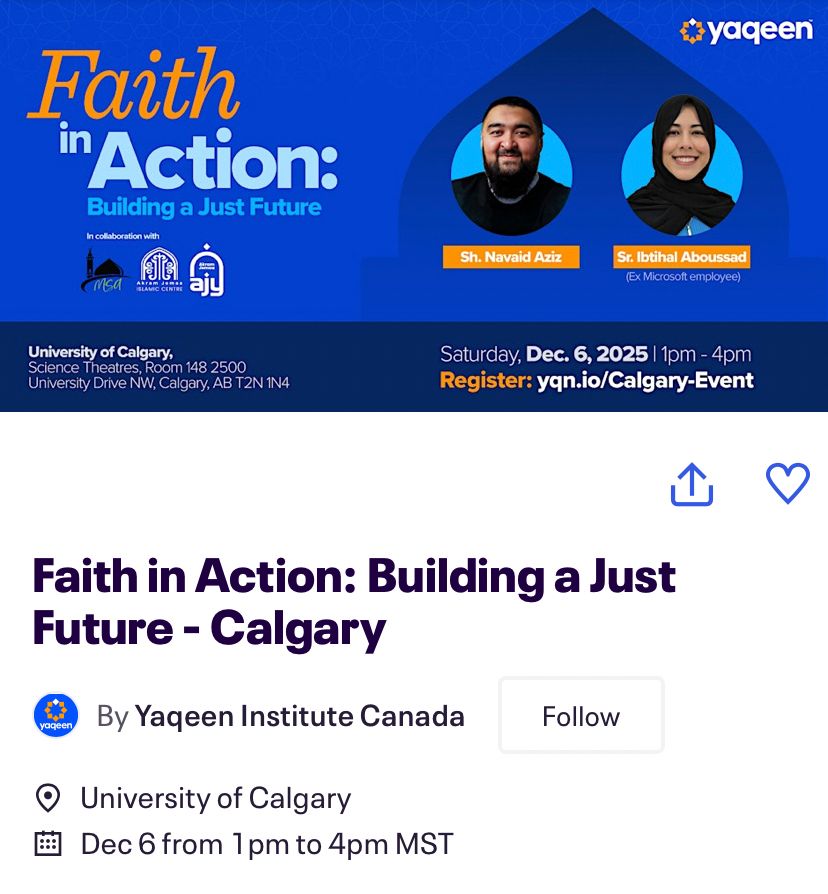 Sr. Ibtihal Aboussad formerly worked at Microsoft but left because of the genocide from colonialism in Palestine. All welcome!
Saturday, Dec. 6 from 1-4pm
Register: https://www.eventbrite.ca/e/faith-in-action-building-a-just-future-calgary-tickets-1975628585281