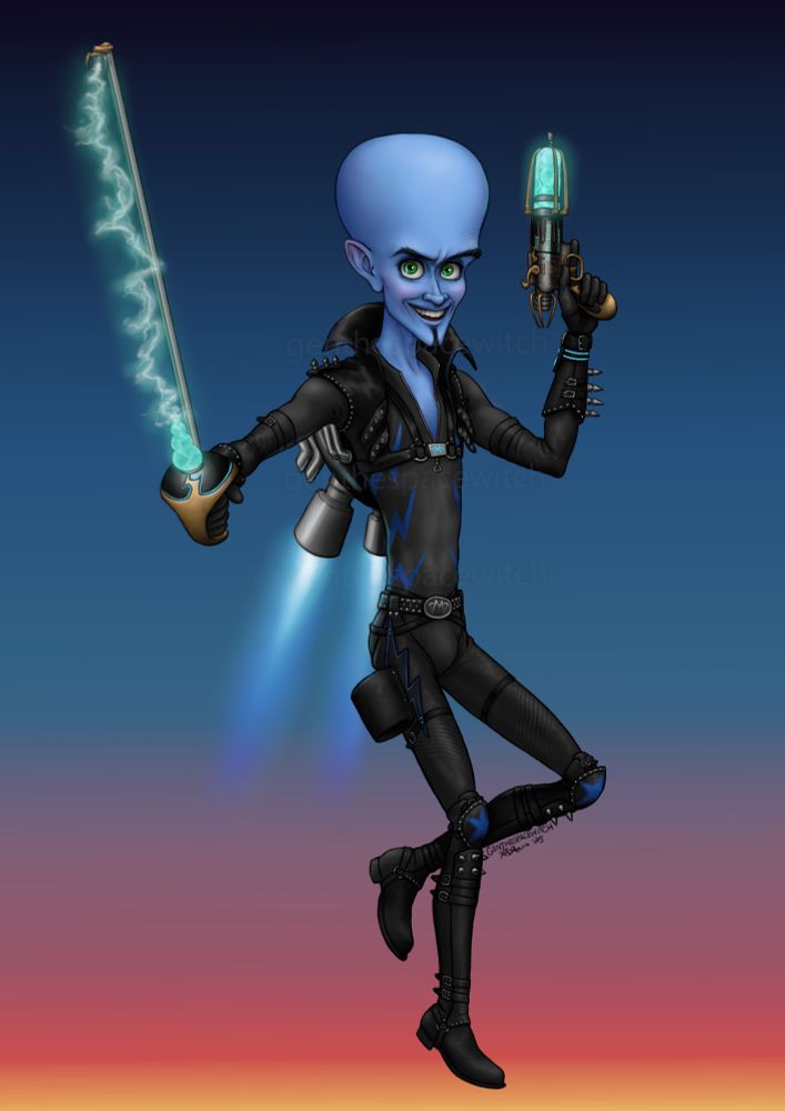 Megamind is flying with a jetpack, grinning mischievously. He's wearing a black suit with blue lightning details, and a harness that's modeled after a spiked leather jacket. He's holding his de-gun and a lightning sword.