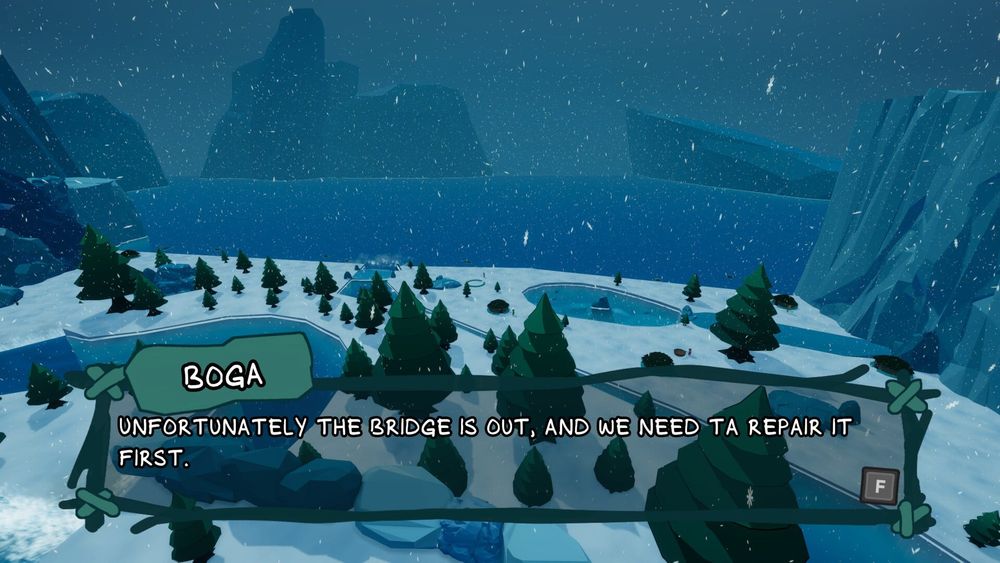 a view of snowy trees and someone saying "unfortunately the bridge is out, and we need ta repair it first."