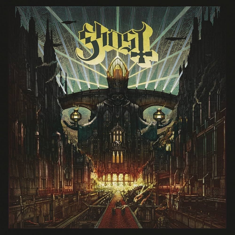 Pochette de l'album "Meliora" du groupe Ghost
Des bâtiments gothiques donnent la forme d'un crâne (?)