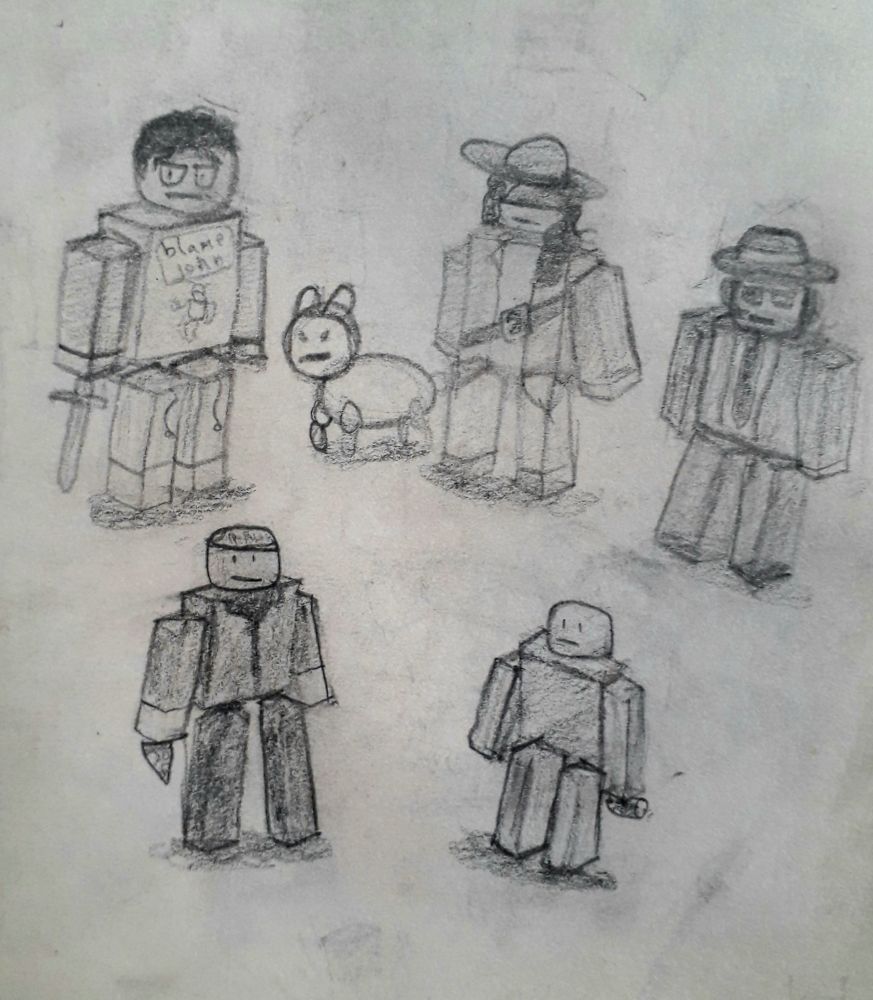 In this photo, there are shedletsky, gubby, Jane doe, chance, Elliot and noob from forsaken, staring at you.