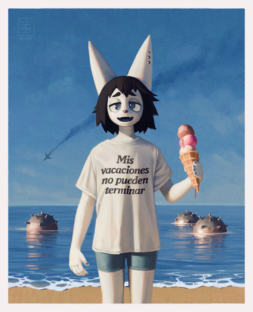 A cat-like anthropomorphic creature stands on a beach holding a tall melting ice cream. Their face expression is hard to parse. They wear a white typography t-shirt with the words «Mis vacaciones no pueden terminar» and a pair of seafoam green shorts. There are three naval mines floating dangerously close to the shore. Leaving a trail of smoke across the entire drawing, a falling airplane can be seen in the slightly foggy sky.