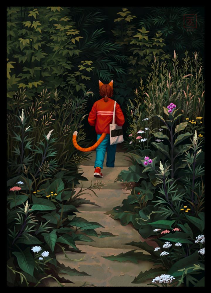 A digital drawing of a person walking down an overgrown concrete path. The person is in the center of the picture, walks with their back to the viewer and appears to be an orange anthropomorphic cat wearing blue jeans, a pair of red sneakers and a red sweatshirt. They hold a white tote bag with a black horizontal stripe in the middle. The overgrowth consists of burdock, sagebrush, yarrow, tansy, brome grass and bindweed, with some willow and boxelder maple trees in the distance.