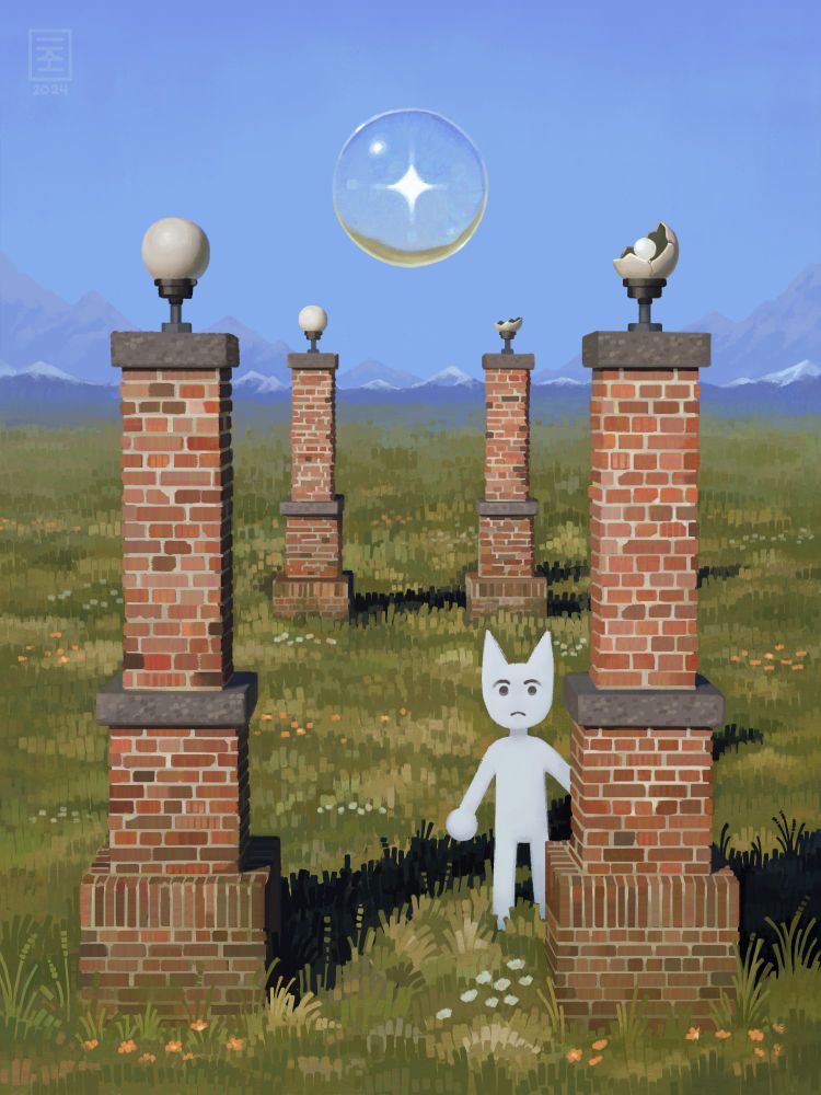 A white anthropomorphic figure with cat ears stands in an open field, slightly obscured by a tall brick pillar, possibly a street lamp. There are four pillars total. All of them have globes of white glass on top, two on the right appear to be smashed out. A four-pointed star encased in an ethereal bubble floats in the center of the field, above the pillars.