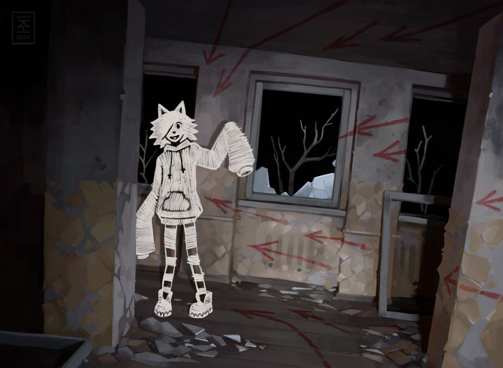 A cat person excitedly beckons to the viewer about something in a dark corner of a dilapidated building. The room is covered in graffiti of arrows pointing to the same corner. The only light source is a flashlight held by the viewer. Sickly yellow paint is chipping off the walls and the windows are black voids with branches of dead trees peeking from below. The cat person looks like they're scribbled in chalk over a semi-realistically rendered environment.