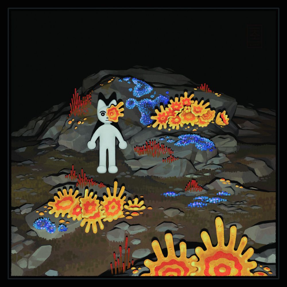 White cartoonish-looking creature resembling a cat stands in a tundra-like environment surrounded by brightly colored patches of alien-looking lichen and moss. It's pitch dark save for the unseen intense light source illuminating the scene from the front. You can see a bit of the alien lichen growing on the cat creature's left eye.