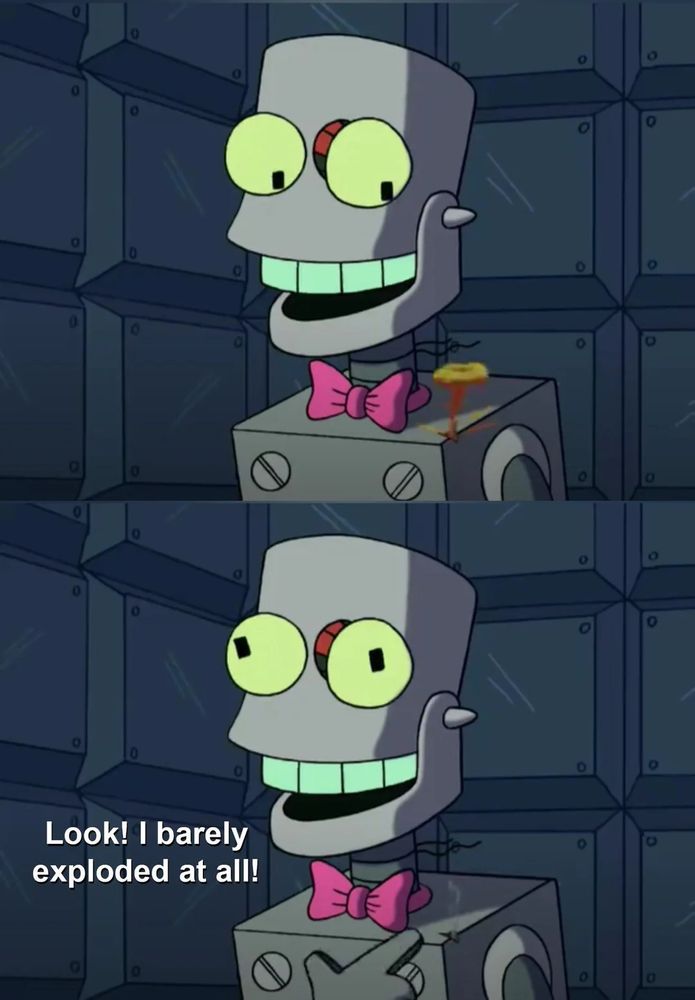 Two-panel Futurama screenshot showing Malfunctioning Eddie, a grey robot with large yellow eyes and a pink bowtie. In the first panel, Eddie appears intact but with a small explosion on his right shoulder at the HAL Institute for Insane Robots. In the second panel,  Eddie has a small crack in his chest but remains mostly undamaged, saying 'Look! I barely exploded at all!' with a pleased expression, demonstrating his successful therapy for explosive tendencies.