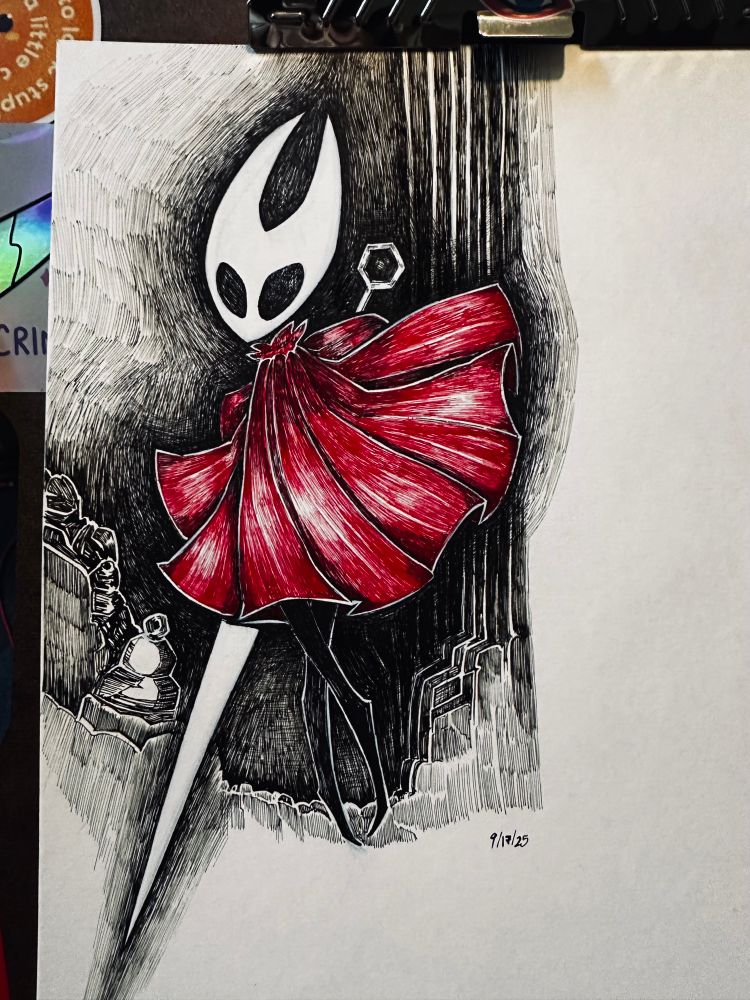 An ink drawing of Hornet (the main character of Silksong), in her billowing cloak, wielding her needle. 