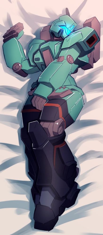 Art by Cosmikaizer of the Jegan Manhunter looking sexy with its thigh-highs paint job on a bed sheet