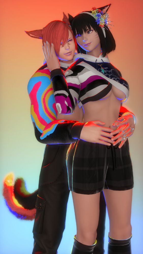 With happy smiles, G'raha embraces Syhlvi from behind while she keeps him close, their tails twining together behind them in a rainbow lighting backdrop. They're both wearing cropped hoodies with their respective pride flag colors.