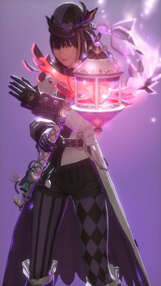 A screenshot of Syhlvi in primarily a black/white/purple outfit and wearing a hat with a purple heart. She holds the Phantom Crook Umbrae (a two-handed staff with a lantern attached, a glowing pink heart resides inside it; the staff/lantern is colored mostly white with purple accents). The backdrop behind her is lighted with purple-range colors, signifying asexual pride.