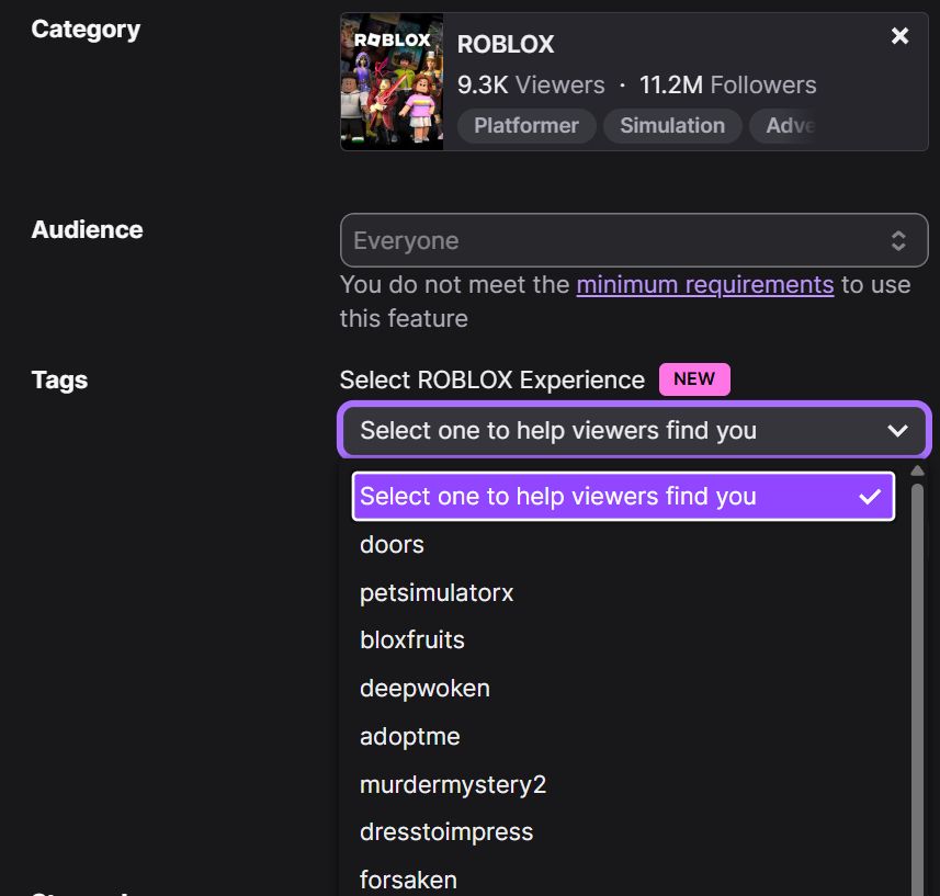 a screenshot of the Twitch creator dashboard that shows the selected game "Roblox" and beneath it an area to tag "Select Roblox Experience" with a variety of in-Roblox game experiences like doors and dresstoimpress.
