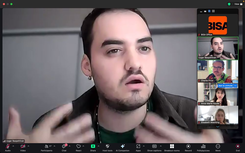 A zoom meeting in which one speaker is gesturing with their hands. 