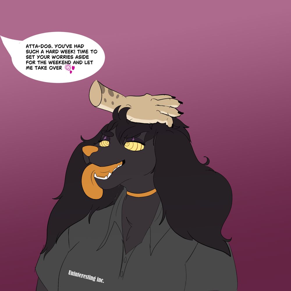 Arno, the black gold poodle, hypnotized and being pet by their "mistress"/girlfriend Claire.

They're wearing a drab gray polo for "Uninteresting inc."

Claire is preparing their mind for a relaxing weekend to follow:
"Atta-dog. Youve had such a hard week! Time to set your worries aside for the weekend and let me take over"