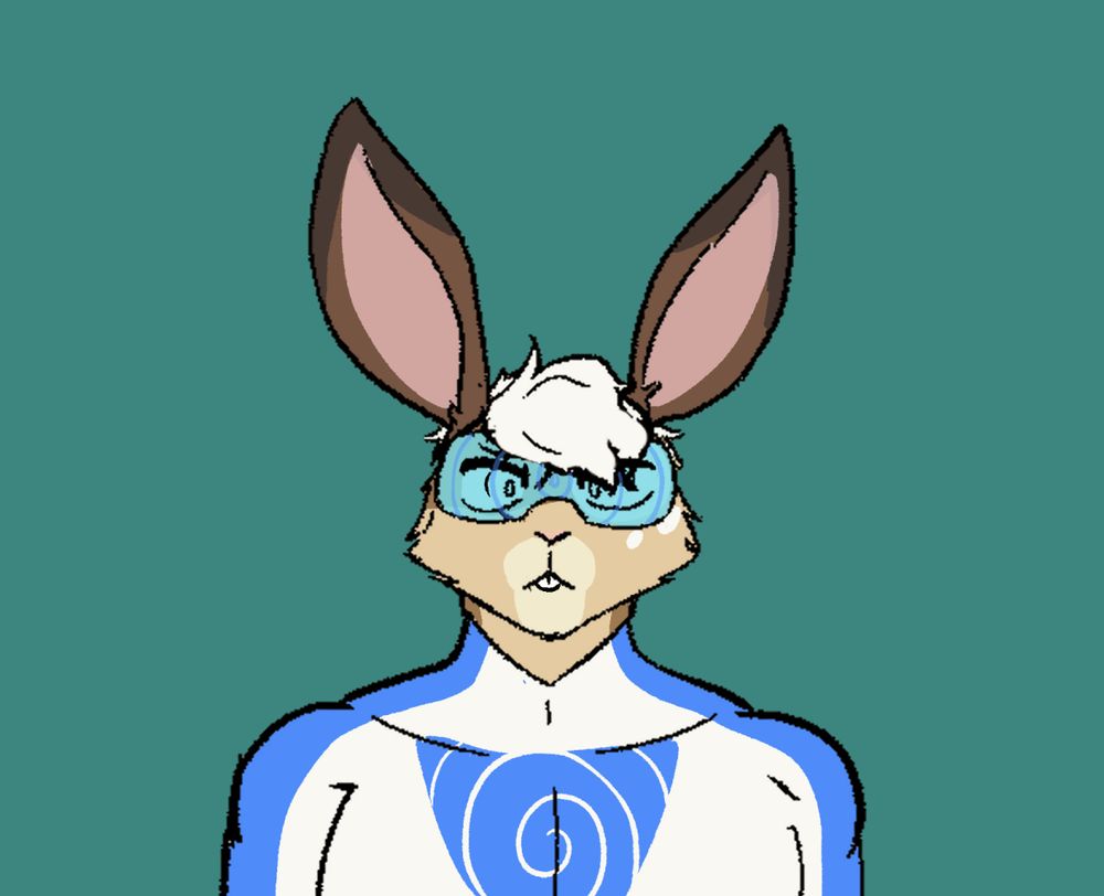 Leo the brown/tan rabbit, wearing a light blue hypnovisor, and a white/blue suit with a triangle symbol with a spiral on it.