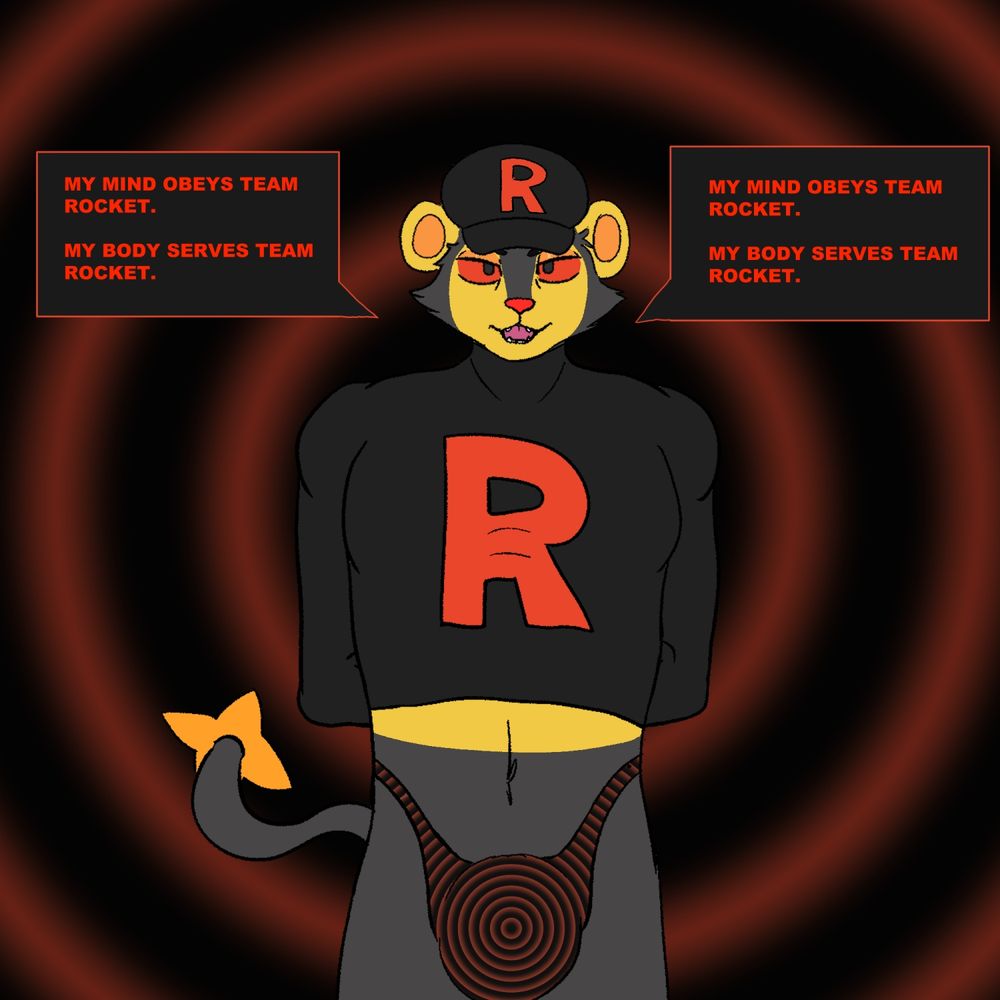 An unnamed anthro shiny luxio stands, arms behind their back. They have a team rocket grunt hat, shirt, and a concentric circle null bulge. Their eyes glow red with gray pupils.

They're repeating the phrases "My mind obeys Team Rocket." and "My body serves Team Rocket." 