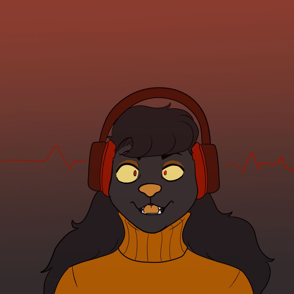 Arno, the black/gold poodle in a yellow turtleneck, wearing red headphones. They are being hypnotized by the headphones, with their pupils turning red. They have a slightly shocked expression