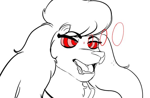 Arno staring into red rings, their mouth is wide open and they are drooling, they have red and pink rings in their eyes