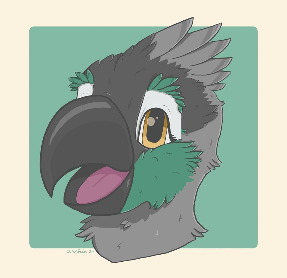 I headshot of a bird fursona, with grey and green feathers, an open black beak, and yellow eyes. He has a happy expression, and the background is green.