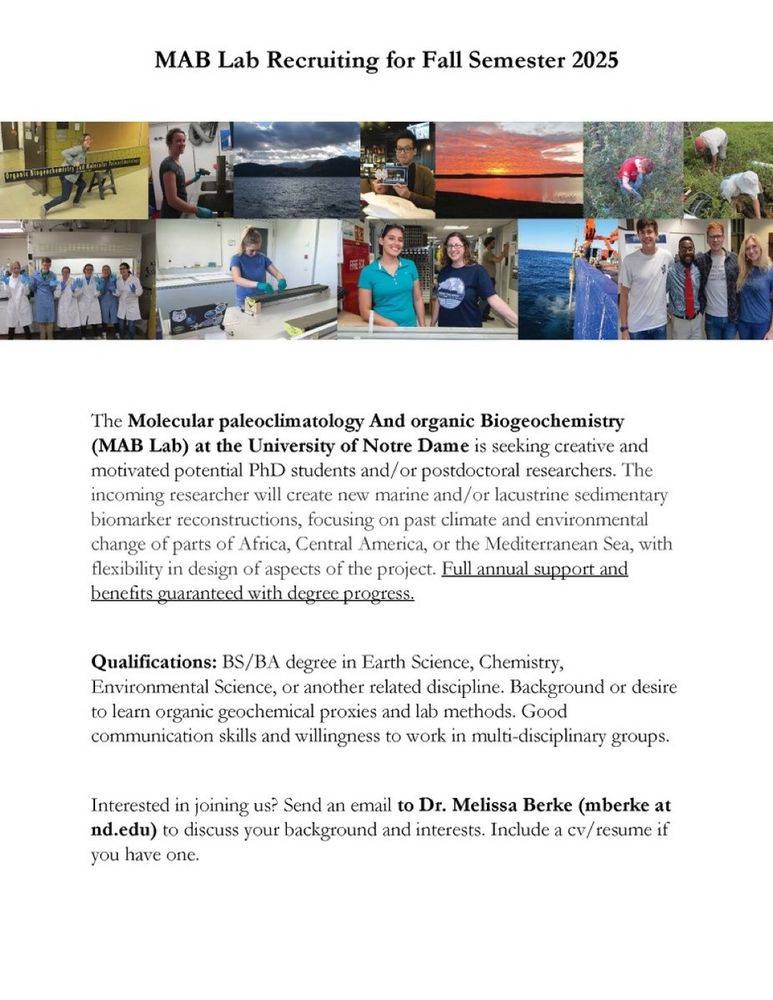 New PhD student or postdoc recruiting for fall 2025. Sedimentary biomarker reconstructions of past climate. Email mberke at nd dot edu for more info