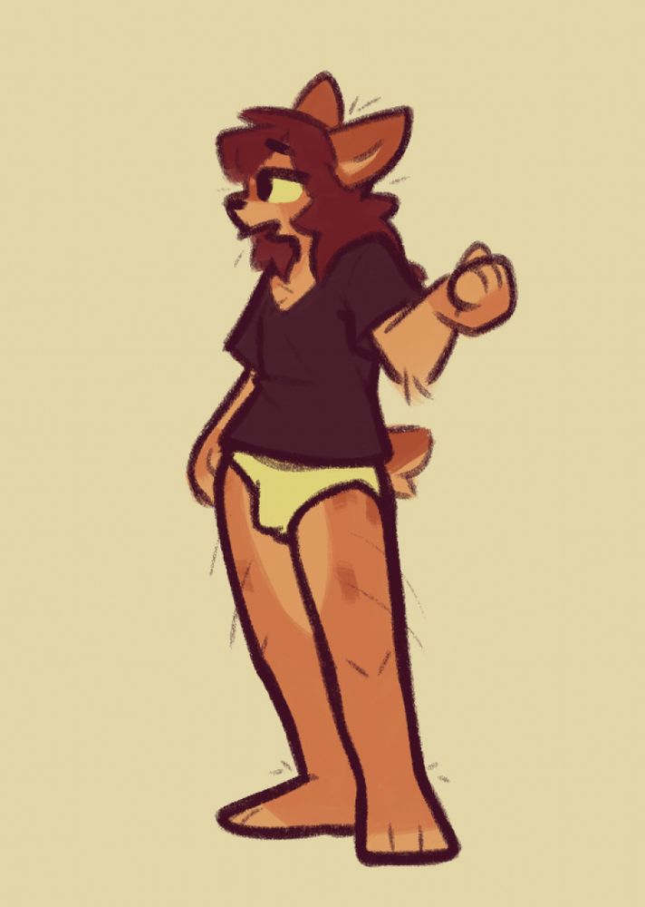 Anthropomorphic cat thing standing there with with white panties and a black tee-shirt on.