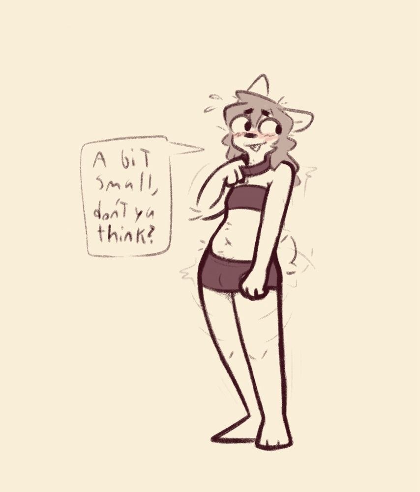 Kip wearing a tight micro skirt, tube top, and collar while looking nervous.