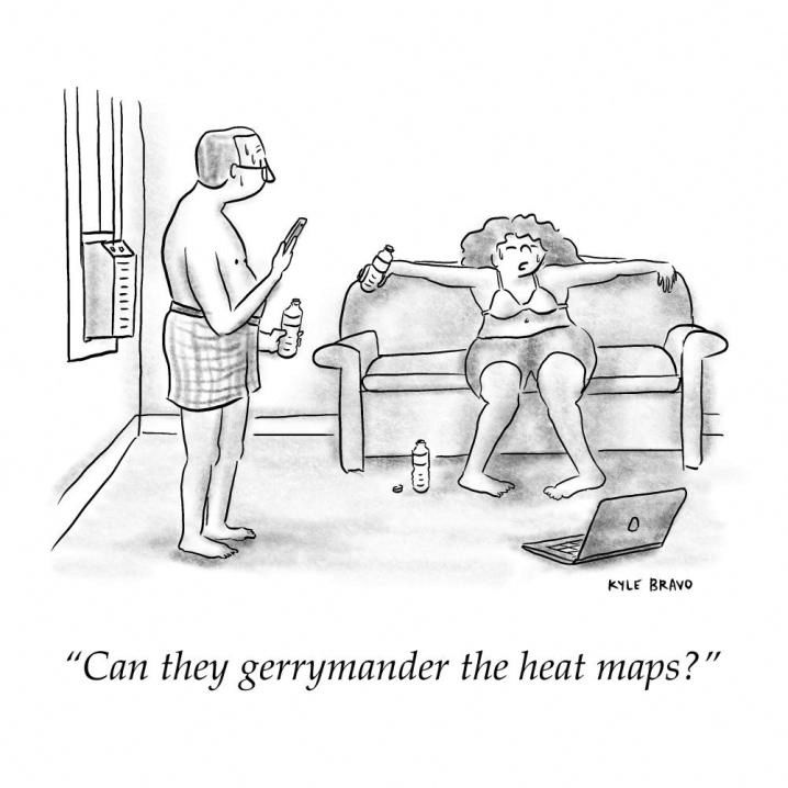 Image: A sweating man stands in his underwear and a woman in shorts is spreadeagled on a couch, looking at a laptop on the floor. She says: "Can they gerrymander the heat maps?"
Credit: Kyle Bravo