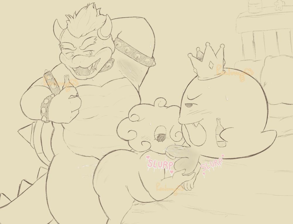 A steamy spitroast session between Bowser, Puck, and King Boo!