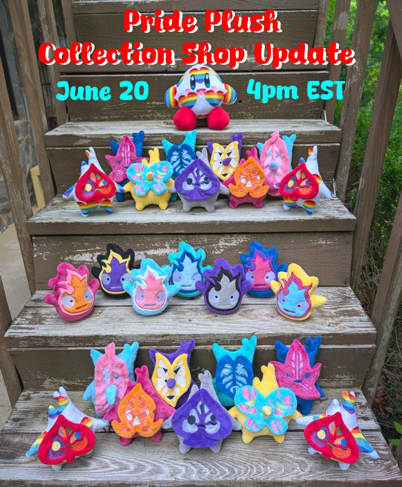 A collection of Pride flag themed plushies.  Includes Koroks from the Legend of Zelda, Calcifer from the Studio Ghibli movie Howl's Moving Castle, and Kirby.