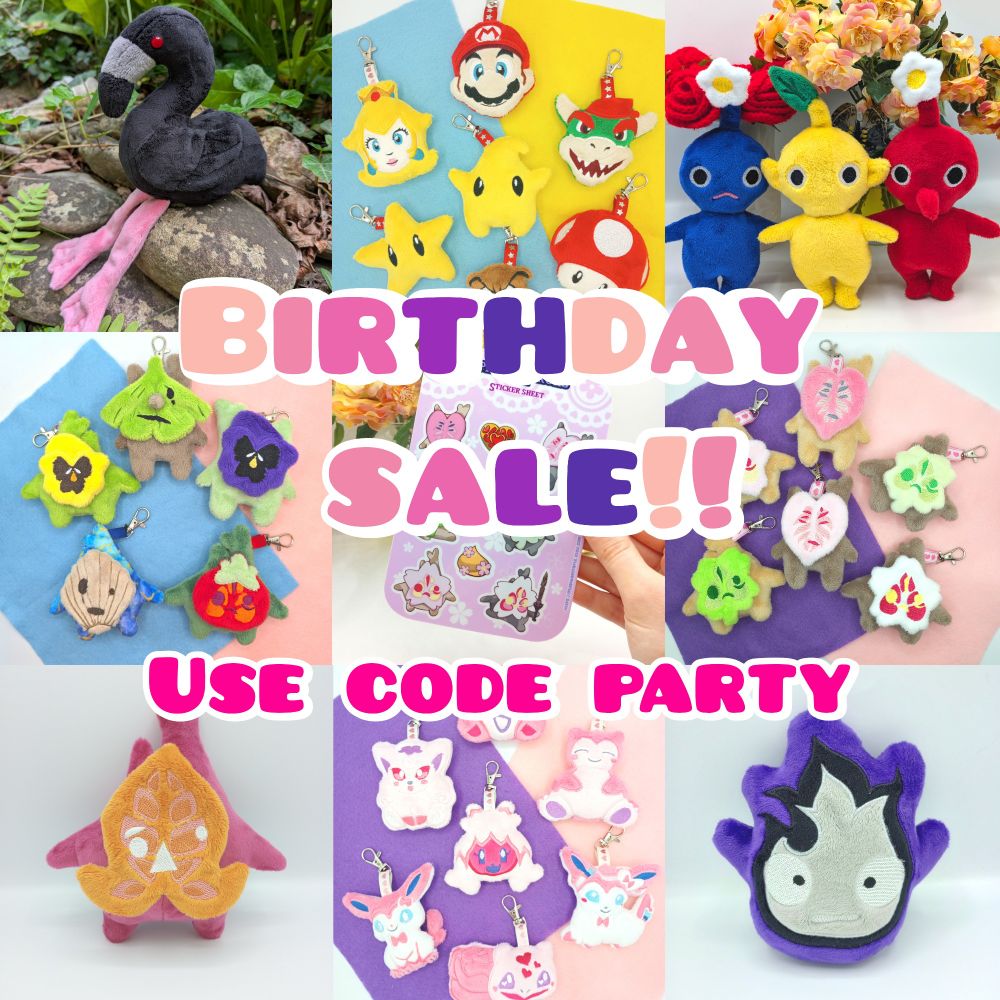 Collage of handmade plushies, plushie keychains, and stickers from series such as Pokemon, Mario, The Legend of Zelda, and Studio Ghibli.  The text "Birthday Sale Use Code PARTY" is above the images.