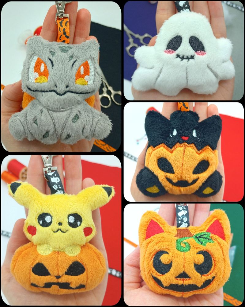 A collage of handmade Halloween themed plushie keychains.  Includes Pokemon, Pumpkin cat, and kawaii ghost designs.