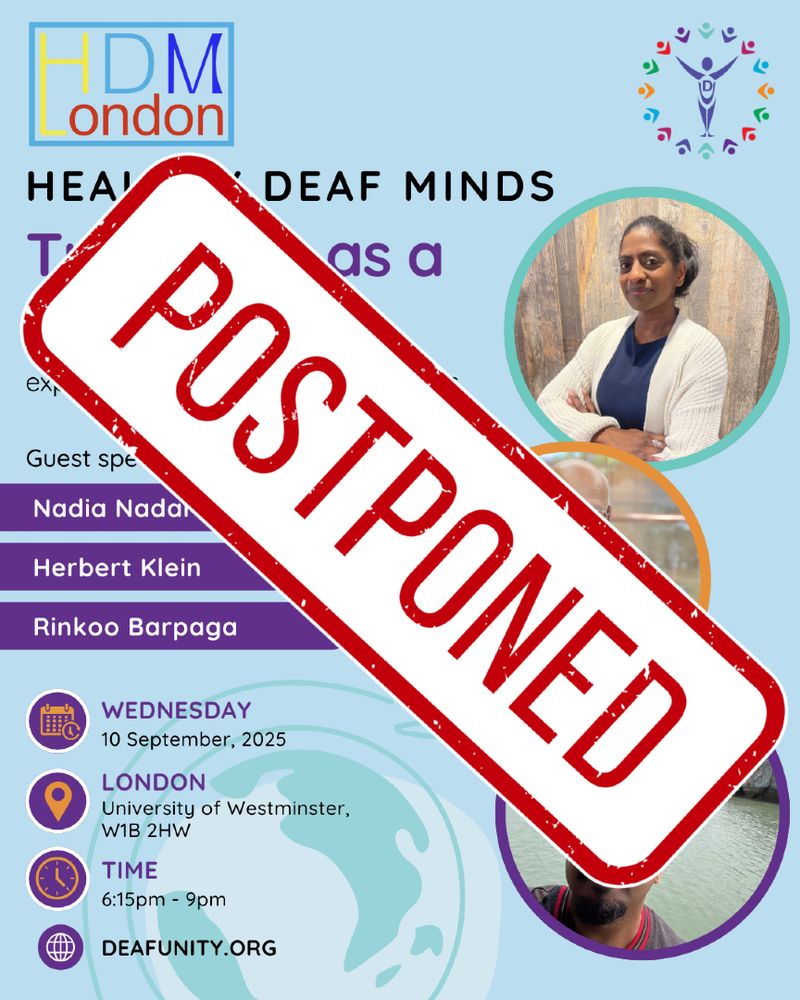 Poster for healthy deaf minds event with writing over the top saying "postponed"