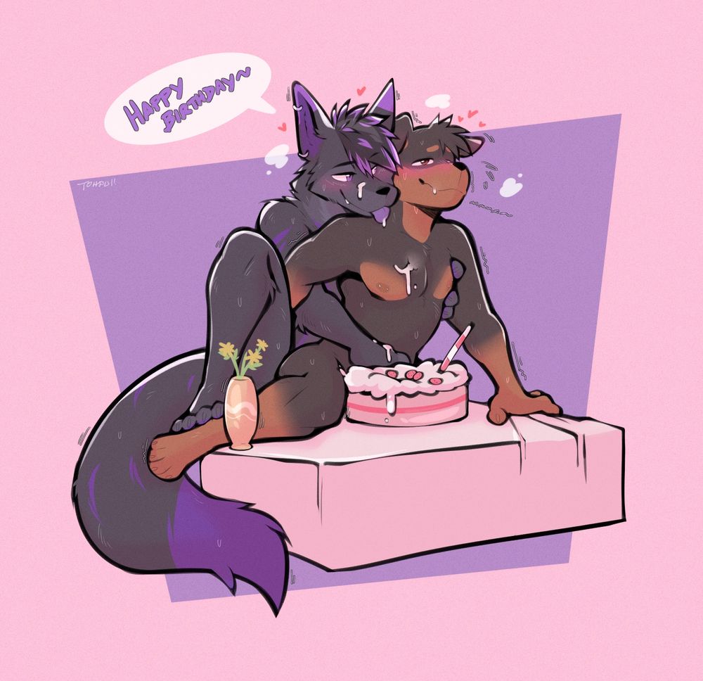 Anthro wolf fondling an Anthro Rottweiler on a table with a birthday cake on it. "Happy birthday~"