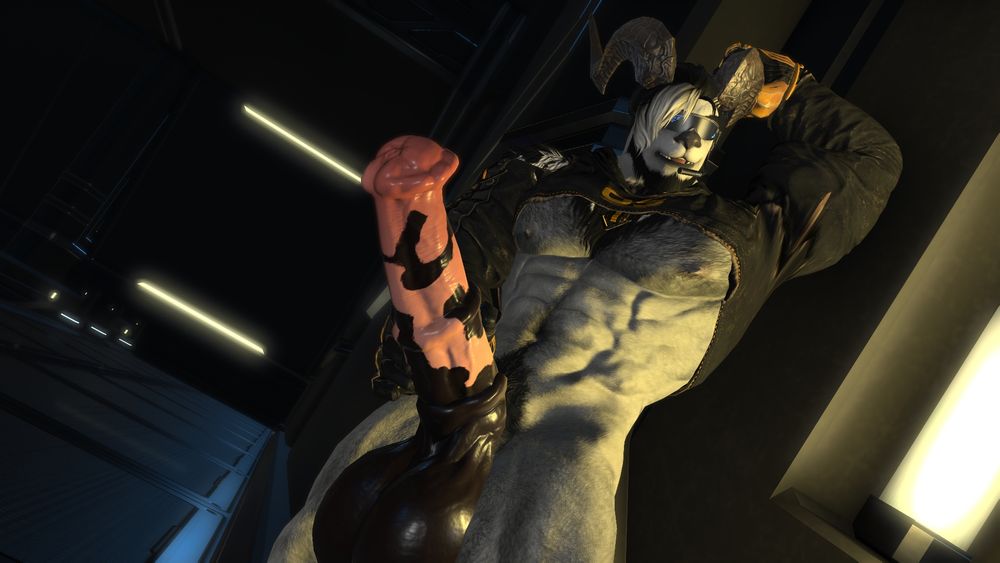 A muscular, white furred hrothgar is leaning on a wall near a light with his erect horse cock out in the elements, pointing up.