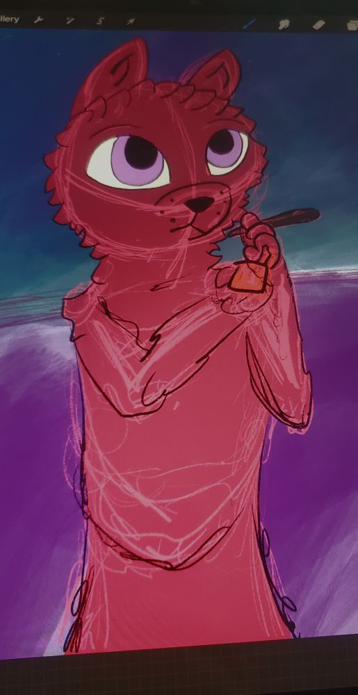 A grapefruit colored anthropomorphic folf is pictured holding a lighter and joint.  A lavender and blue-ish gray colored landscape and sky are seen in the background.  The title "dissociation" refers to the phenomenon of feeling being detached or out of one's body.  Often times this is a trauma response.  Learning to recognize when this is happening, and taking the time to consider why it may be triggered, can help lead to emotional healing.  Seek help when needed, and take all advice you read on the internet at face value.  You do you fam.