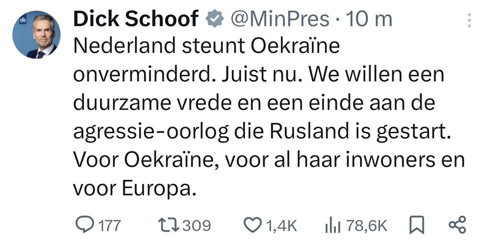 In English: The Netherlands continues to support Ukraine. Right now. We want lasting peace and an end to the war of aggression that Russia has started. For Ukraine, for all its inhabitants and for Europe.