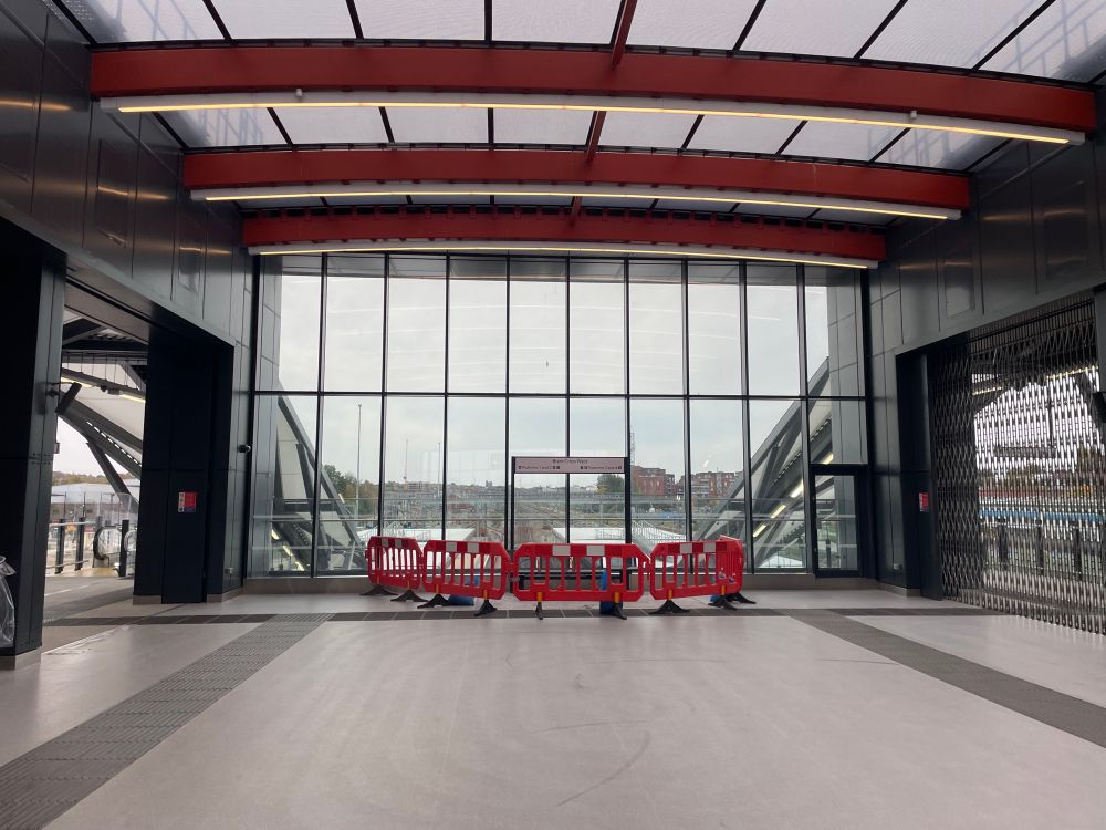 View of the hall of a new railway station. 