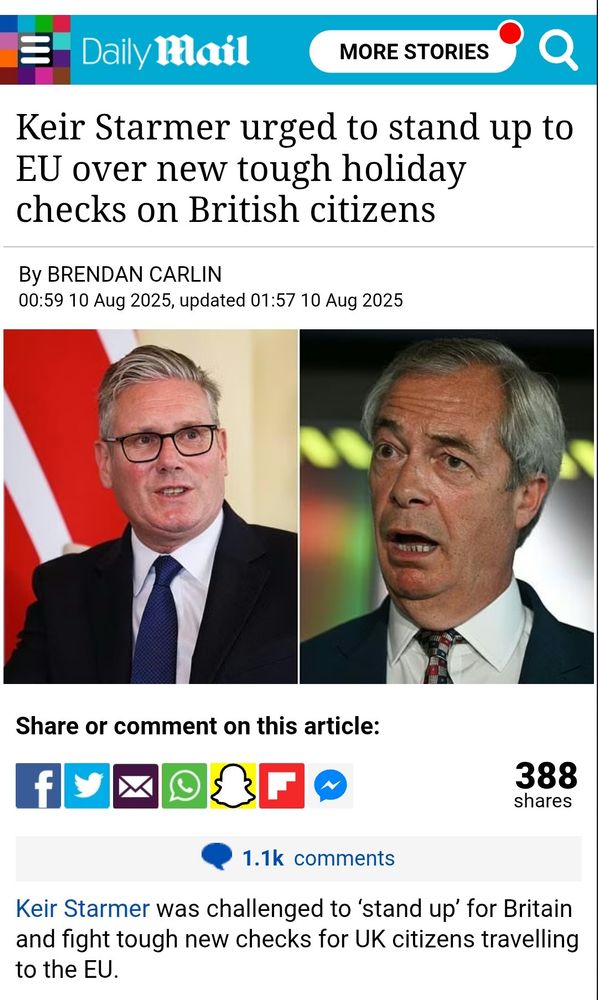 A Daily Mail story headlined: Keir Starmer urged to stand up to EU over new tough holiday checks on British citizens. It is illustrated by unflattering photographs of Keir Starmer and Nigel Farage. 