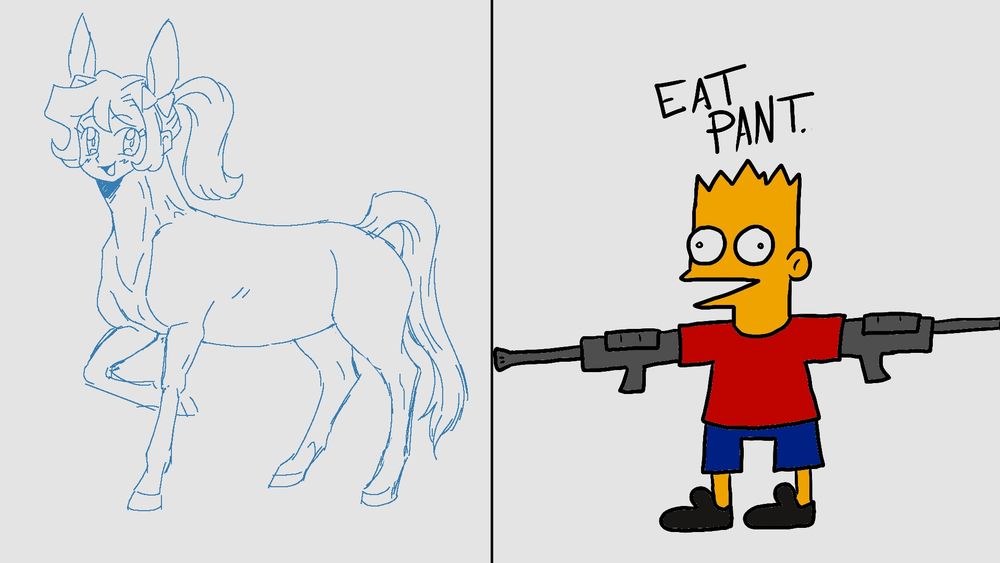 Wazy a horse girl and bart Simpson with guns for arms