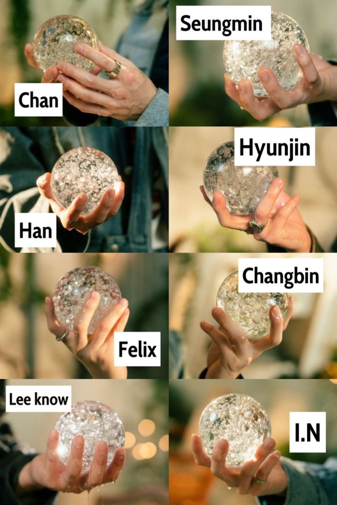 A collage of pictures of hands holding ice orbs. Overlaying each photo is the name of the person whose hand is in the photo.