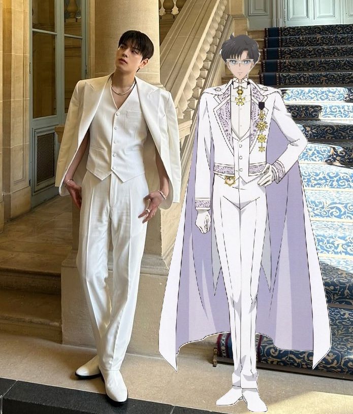 Picture shared on Seungmin's Instagram of him in a white three piece suit (no shirt! scandalous) I have edited next to it official Sailor Moon art of Prince Endymion in his white royal outfit that is surprisingly similar, it just also has a cape and silver embroidery.