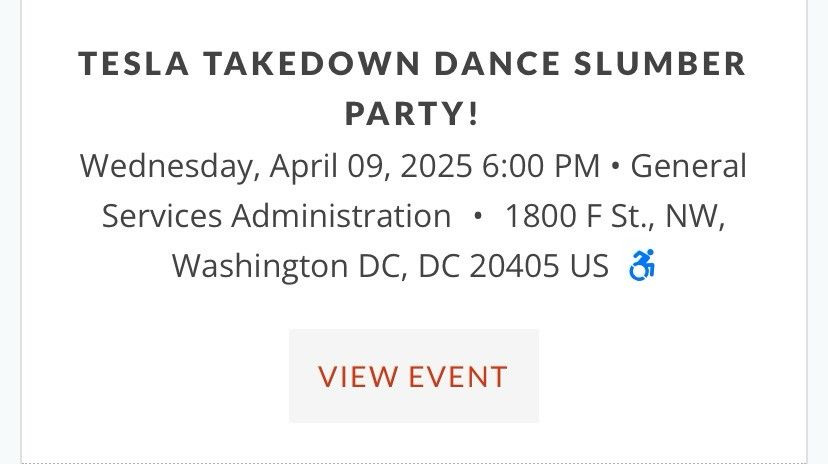 Tesla Takedown Dance Party!
Wednesday, April 9, 2025 6pm
General Services Administration
1800 F St NW
Washington, DC 20405 US