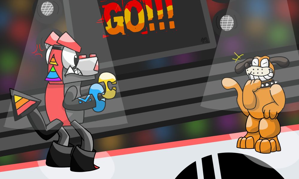 Ulu, my Mixsona, about to battle the Duck Hunt Dog on the Boxing Ring Stage from Punch Out!!

Concept from Super Smash Bros. Ultimate.