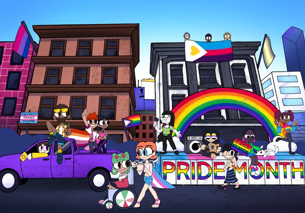 The third image is drawing of A pride big pride parade event in NYC
On the left of the image there are characters representing the aroace, intersex, lesbian, and omnisexual pride flags driving in a car.

the right of the image shows character that represent the aromantic, nonbinary, polysexual, gender fluid, and pansexual pride flags celebrating on a big float with rainbow colors.